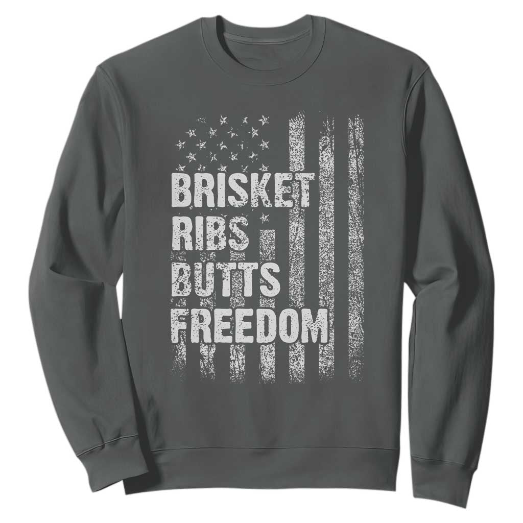 Funny BBQ Brisket Ribs Butts Freedom Sweatshirt 4th Of July Meat Smoking American Flag TS11 Dark Heather Print Your Wear
