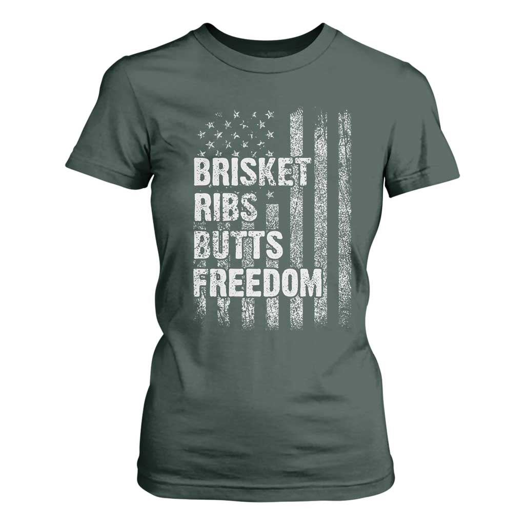 Funny BBQ Brisket Ribs Butts Freedom T Shirt For Women 4th Of July Meat Smoking American Flag TS11 Dark Forest Green Print Your Wear