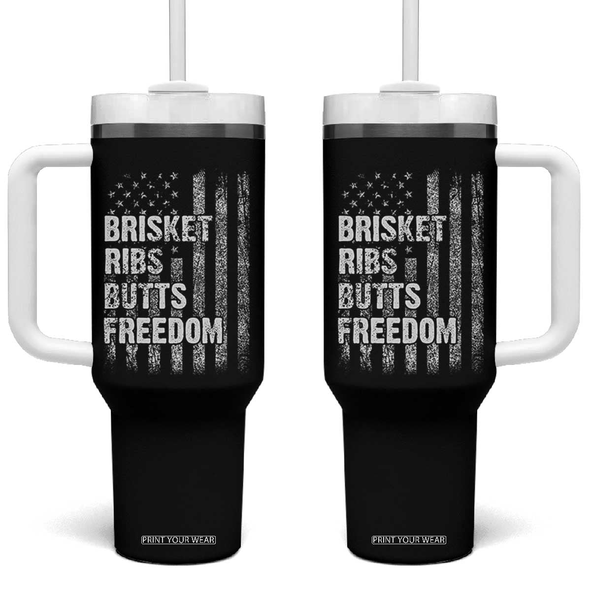 Funny BBQ Brisket Ribs Butts Freedom Tumbler With Handle 4th Of July Meat Smoking American Flag TS11 One Size: 40 oz Black Print Your Wear