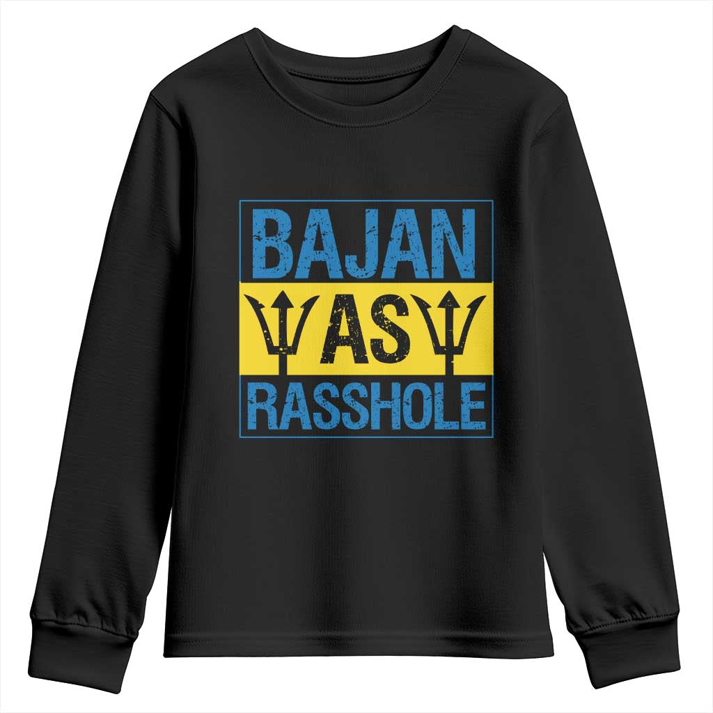 Funny Bajan As Rasshole Youth Sweatshirt Barbados Flag With Barbados Tridents TS11 Black Print Your Wear