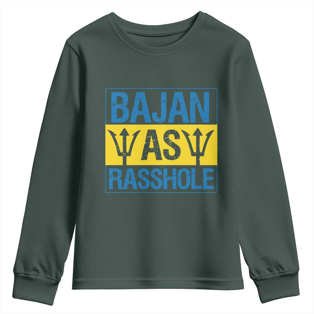 Funny Bajan As Rasshole Youth Sweatshirt Barbados Flag With Barbados Tridents TS11 Dark Forest Green Print Your Wear