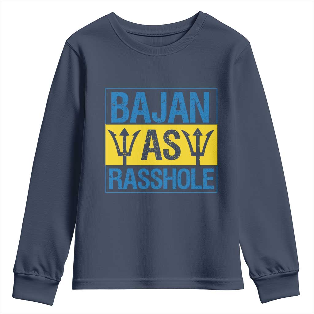 Funny Bajan As Rasshole Youth Sweatshirt Barbados Flag With Barbados Tridents TS11 Navy Print Your Wear