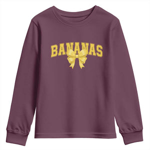 Funny Bananas Coquette Bow Baseball Player Youth Sweatshirt TS11 Maroon Print Your Wear