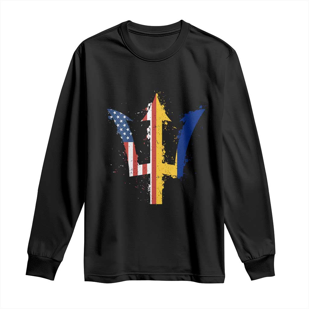 Funny Barbadian American Pride Barbados USA Flag Trident Long Sleeve Shirt TS11 Black Print Your Wear