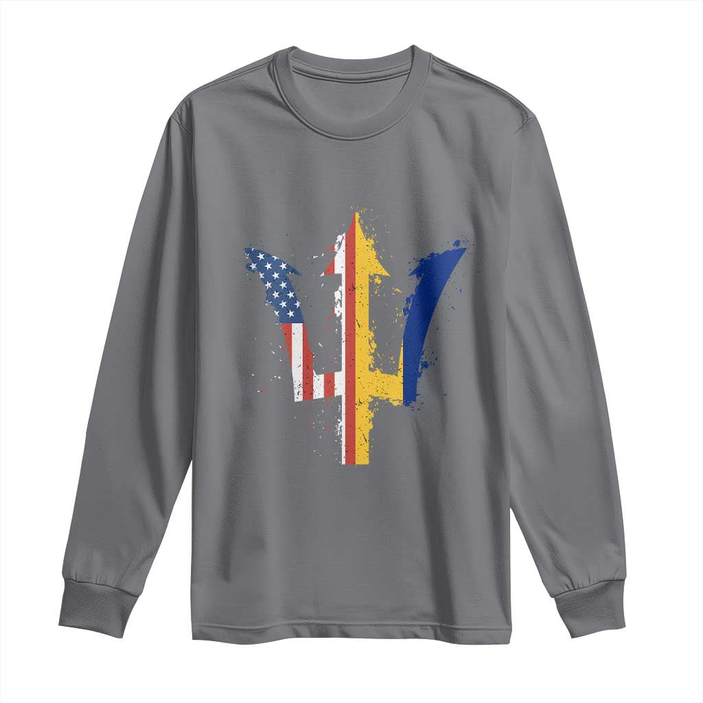 Funny Barbadian American Pride Barbados USA Flag Trident Long Sleeve Shirt TS11 Charcoal Print Your Wear