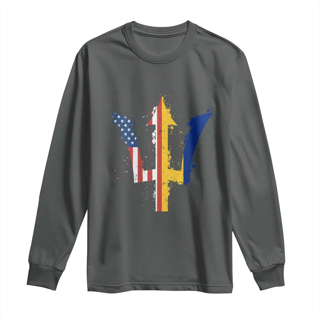 Funny Barbadian American Pride Barbados USA Flag Trident Long Sleeve Shirt TS11 Dark Heather Print Your Wear