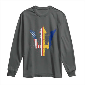 Funny Barbadian American Pride Barbados USA Flag Trident Long Sleeve Shirt TS11 Dark Heather Print Your Wear