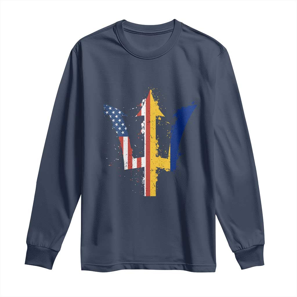 Funny Barbadian American Pride Barbados USA Flag Trident Long Sleeve Shirt TS11 Navy Print Your Wear