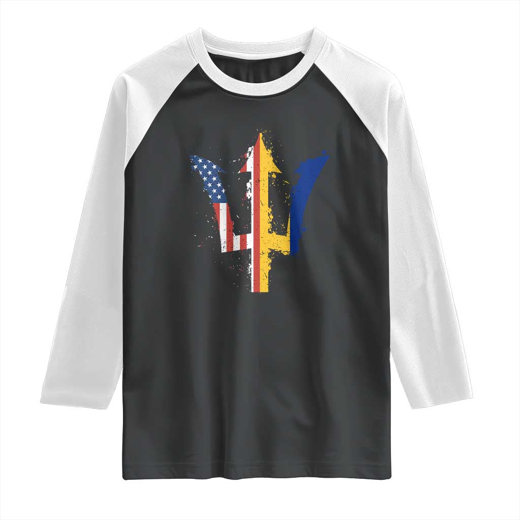 Funny Barbadian American Pride Barbados USA Flag Trident Raglan Shirt TS11 Black White Print Your Wear