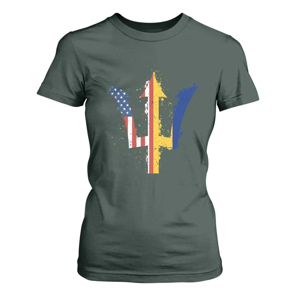 Funny Barbadian American Pride Barbados USA Flag Trident T Shirt For Women TS11 Dark Forest Green Print Your Wear