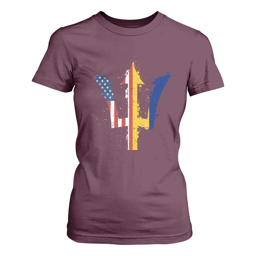 Funny Barbadian American Pride Barbados USA Flag Trident T Shirt For Women TS11 Maroon Print Your Wear