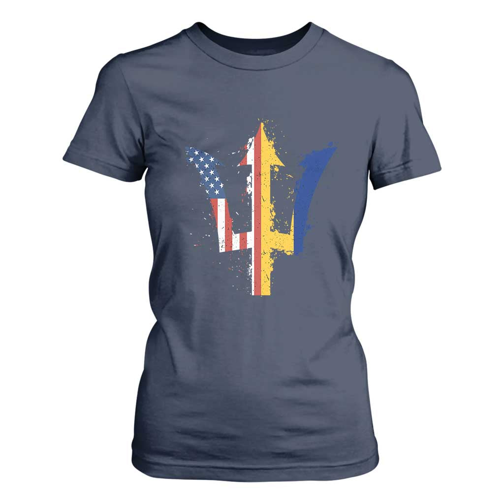 Funny Barbadian American Pride Barbados USA Flag Trident T Shirt For Women TS11 Navy Print Your Wear