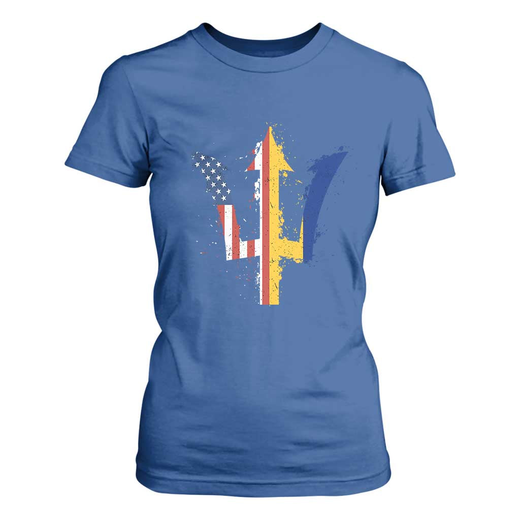 Funny Barbadian American Pride Barbados USA Flag Trident T Shirt For Women TS11 Royal Blue Print Your Wear