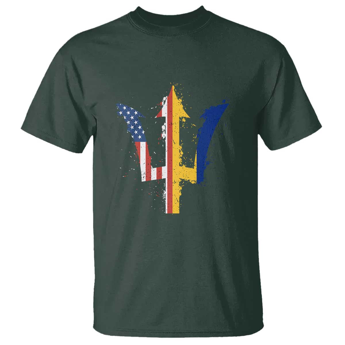 Funny Barbadian American Pride Barbados USA Flag Trident T Shirt TS11 Dark Forest Green Print Your Wear