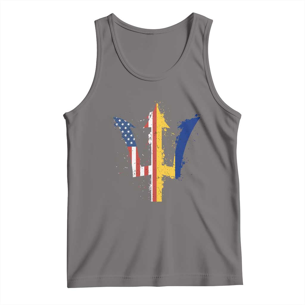 Funny Barbadian American Pride Barbados USA Flag Trident Tank Top TS11 Deep Heather Print Your Wear