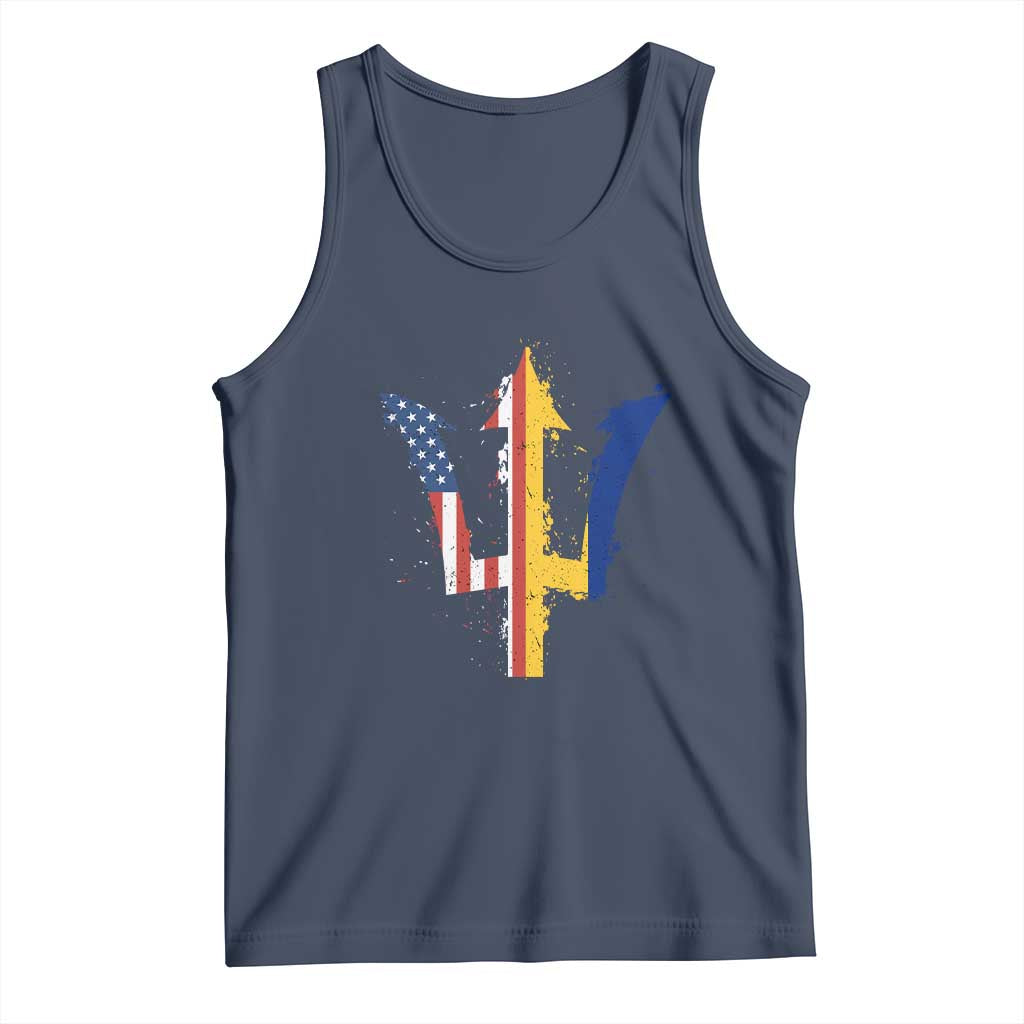 Funny Barbadian American Pride Barbados USA Flag Trident Tank Top TS11 Navy Print Your Wear