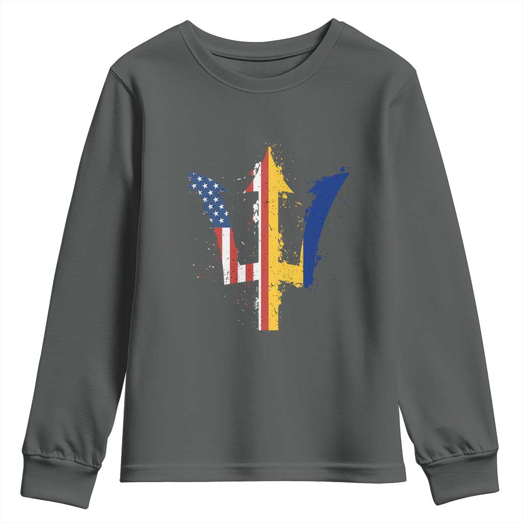 Funny Barbadian American Pride Barbados USA Flag Trident Youth Sweatshirt TS11 Dark Heather Print Your Wear