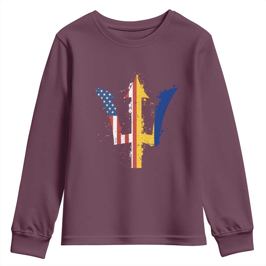 Funny Barbadian American Pride Barbados USA Flag Trident Youth Sweatshirt TS11 Maroon Print Your Wear