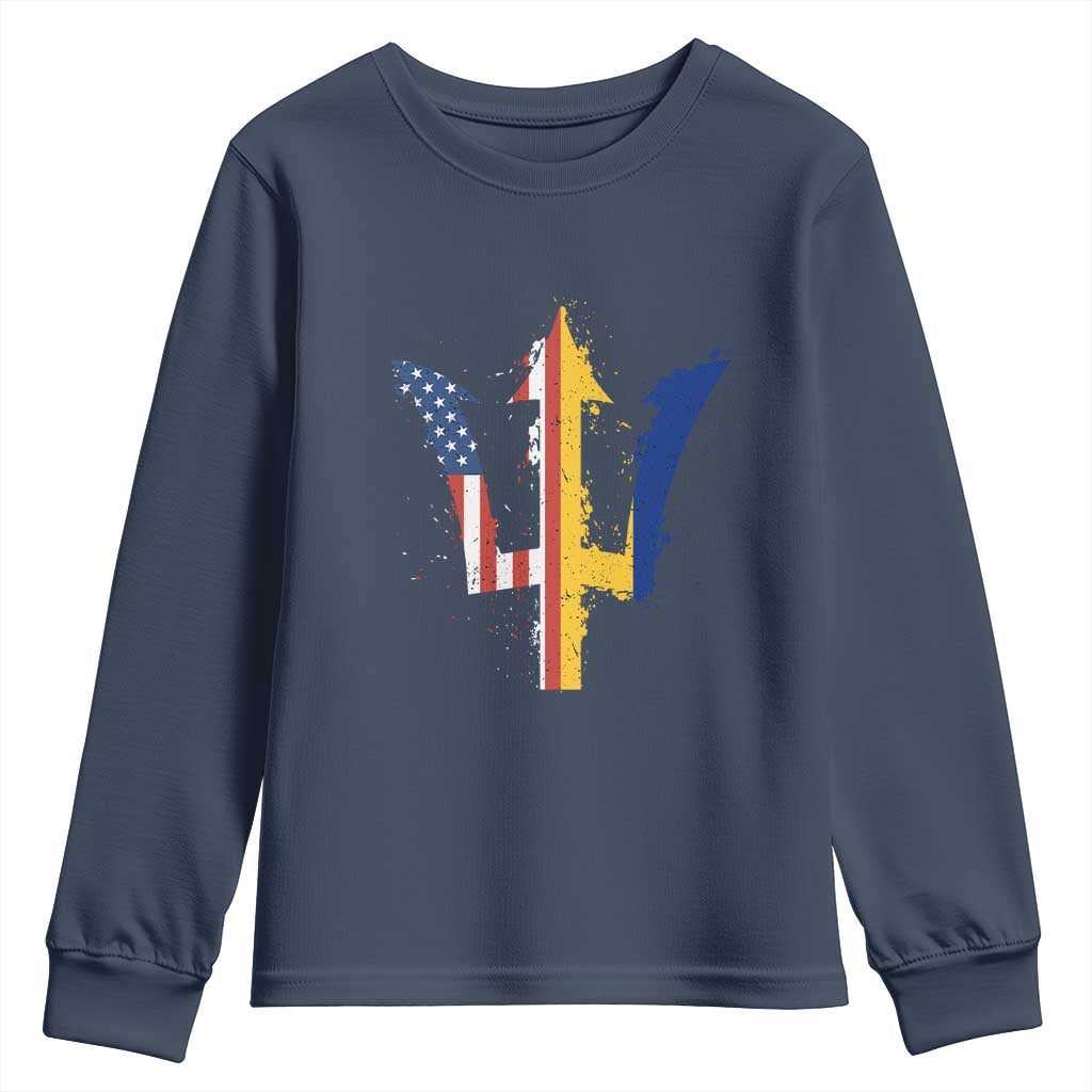 Funny Barbadian American Pride Barbados USA Flag Trident Youth Sweatshirt TS11 Navy Print Your Wear