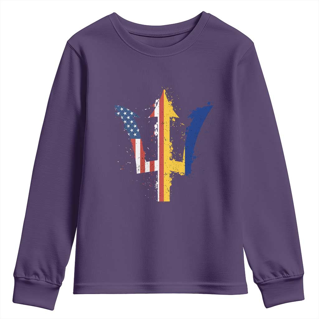 Funny Barbadian American Pride Barbados USA Flag Trident Youth Sweatshirt TS11 Purple Print Your Wear