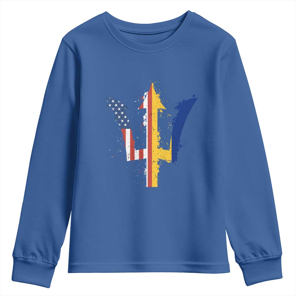 Funny Barbadian American Pride Barbados USA Flag Trident Youth Sweatshirt TS11 Royal Blue Print Your Wear