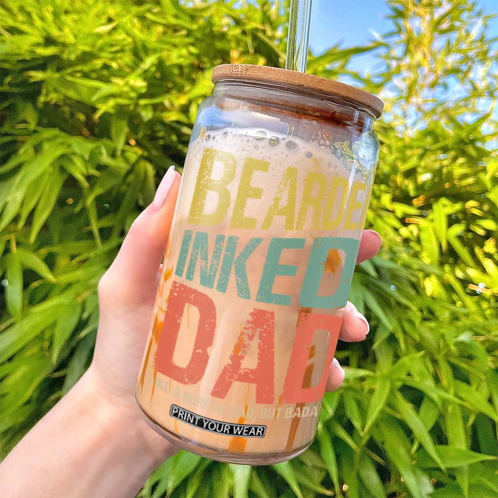 Funny Bearded Inked Dad Like A Normal Dad But Badass Glass Can Father's Day TS11 Print Your Wear