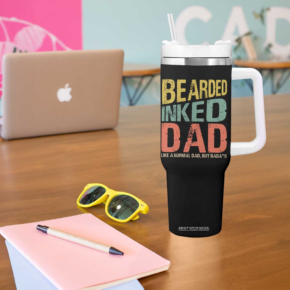 Funny Bearded Inked Dad Like A Normal Dad But Badass Tumbler With Handle Father's Day TS11 Print Your Wear
