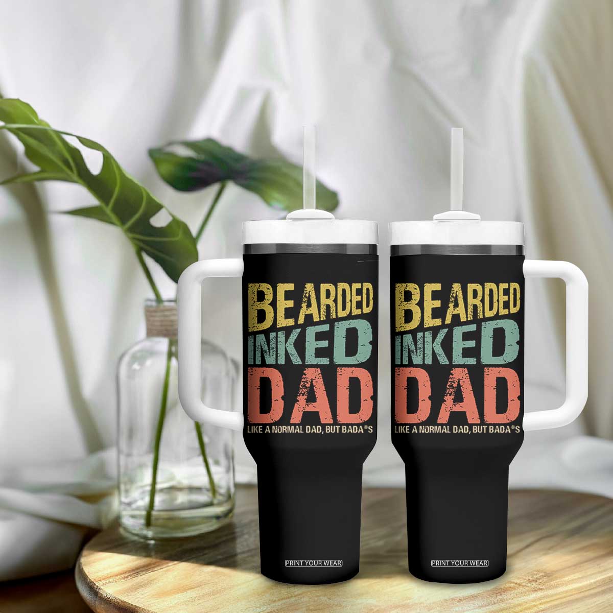 Funny Bearded Inked Dad Like A Normal Dad But Badass Tumbler With Handle Father's Day TS11 Print Your Wear