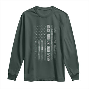 Funny Best Bonus Dad Ever Long Sleeve Shirt Fathers Day American Flag TS11 Dark Forest Green Print Your Wear