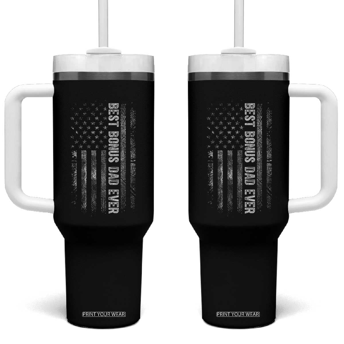 Funny Best Bonus Dad Ever Tumbler With Handle Fathers Day American Flag TS11 One Size: 40 oz Black Print Your Wear