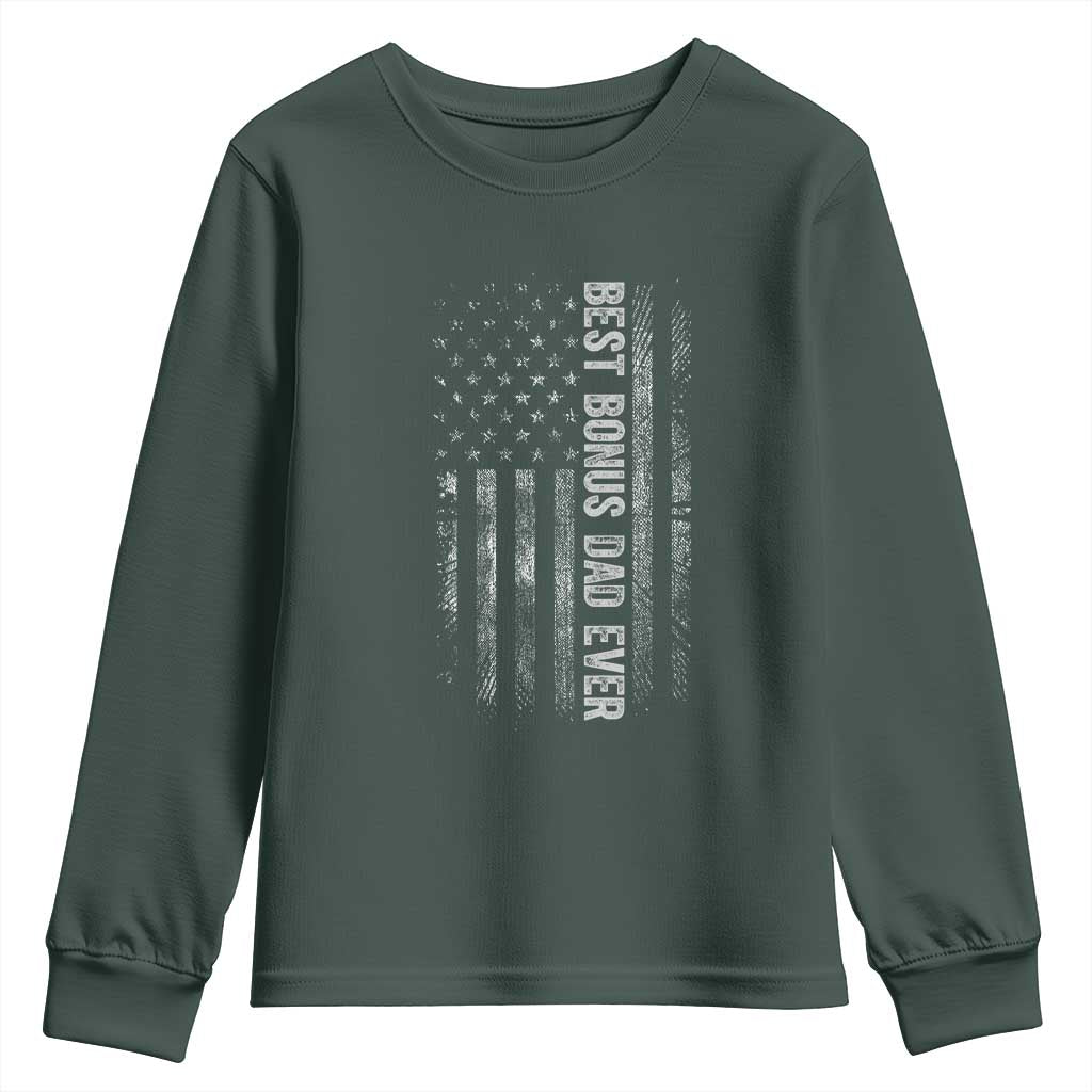 Funny Best Bonus Dad Ever Youth Sweatshirt Fathers Day American Flag TS11 Dark Forest Green Print Your Wear