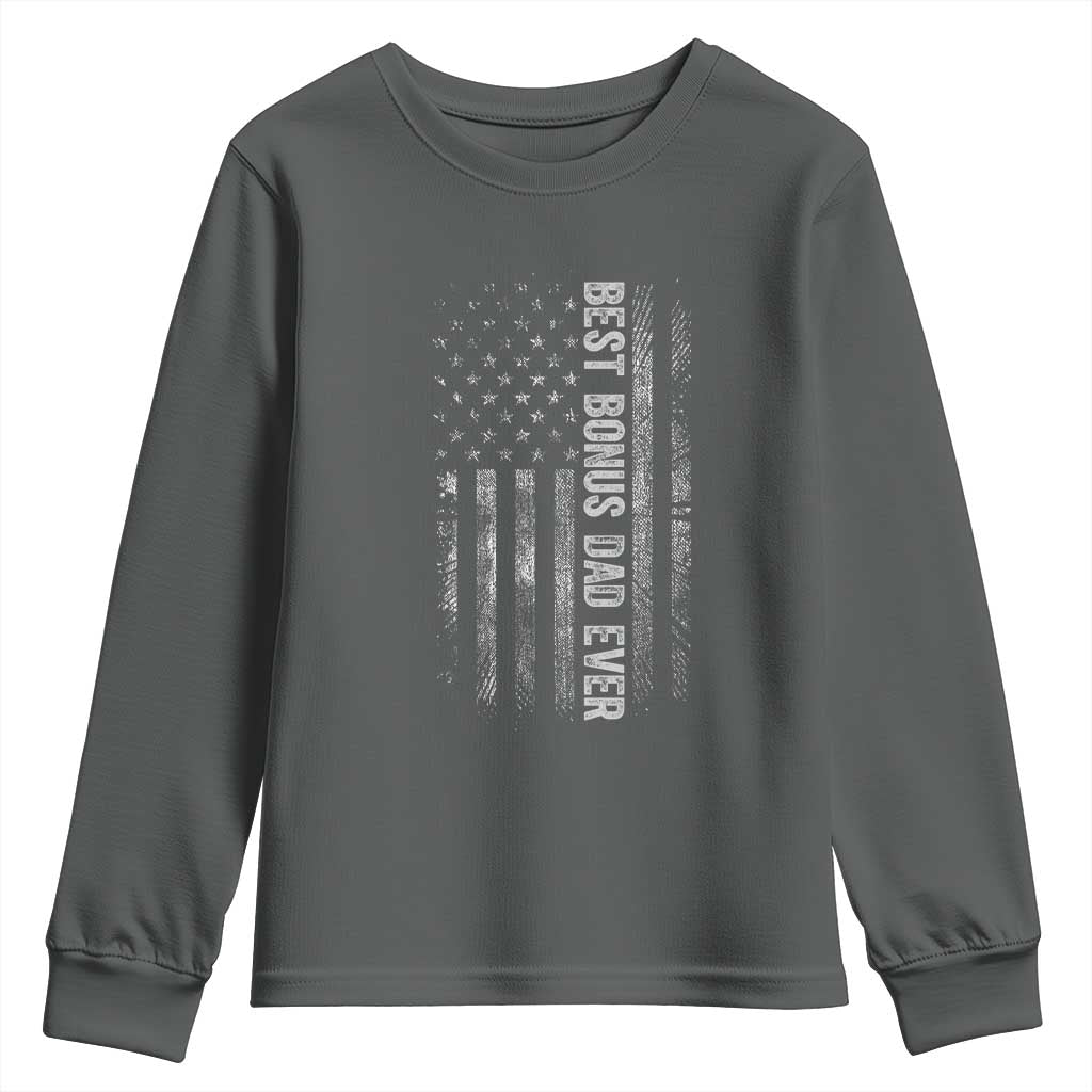 Funny Best Bonus Dad Ever Youth Sweatshirt Fathers Day American Flag TS11 Dark Heather Print Your Wear