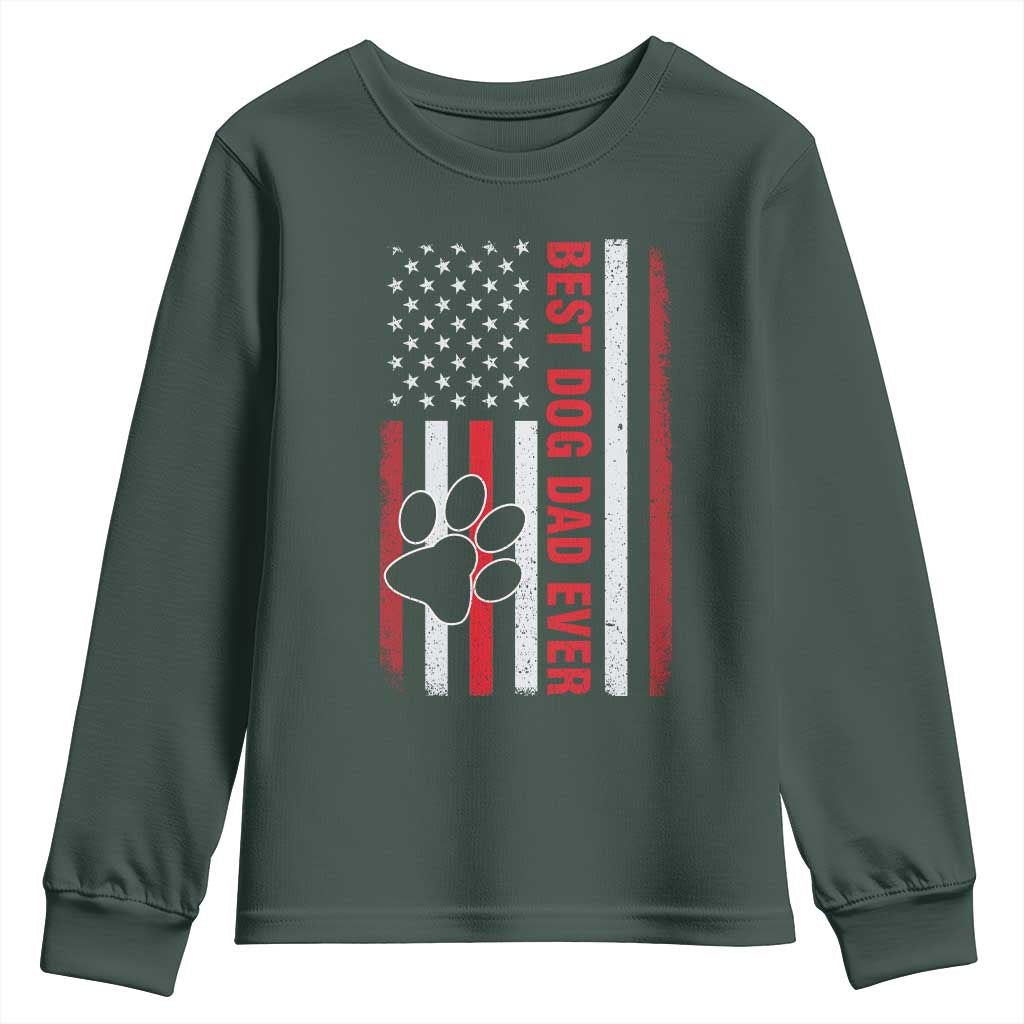 Funny Best Dog Dad Ever Youth Sweatshirt Fathers Day Vintage American Flag Paw Prints TS11 Dark Forest Green Print Your Wear