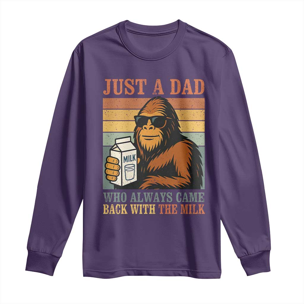 Funny Bigfoot Dad Long Sleeve Shirt Just A Dad Who Always Came Back With The Milk Retro Father's Day TS02 Purple Print Your Wear