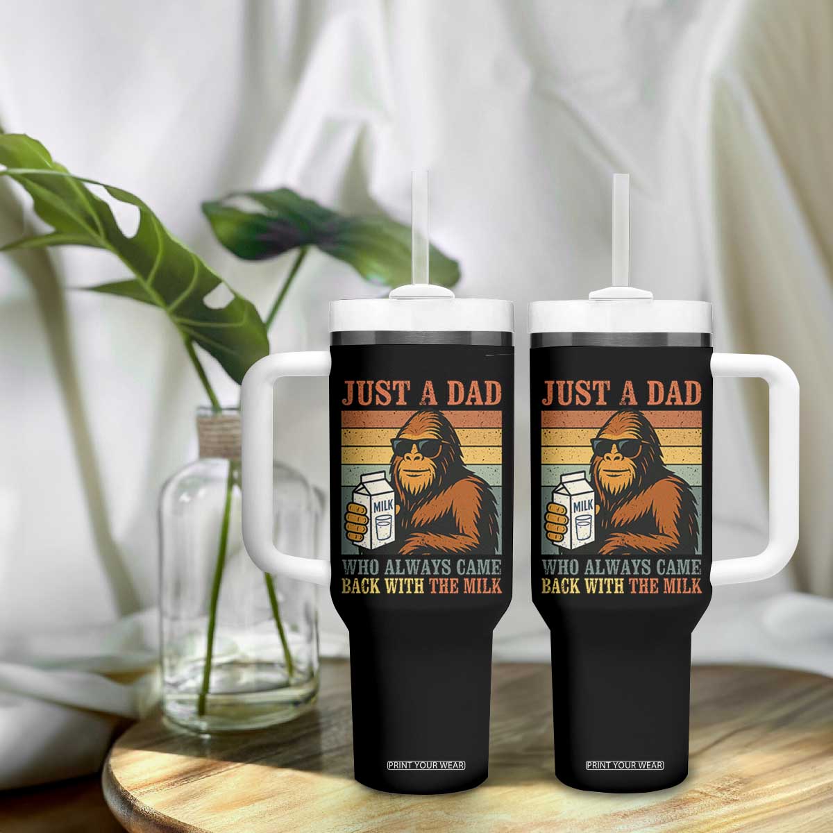 Funny Bigfoot Dad Tumbler With Handle Just A Dad Who Always Came Back With The Milk Retro Father's Day TS02 Print Your Wear