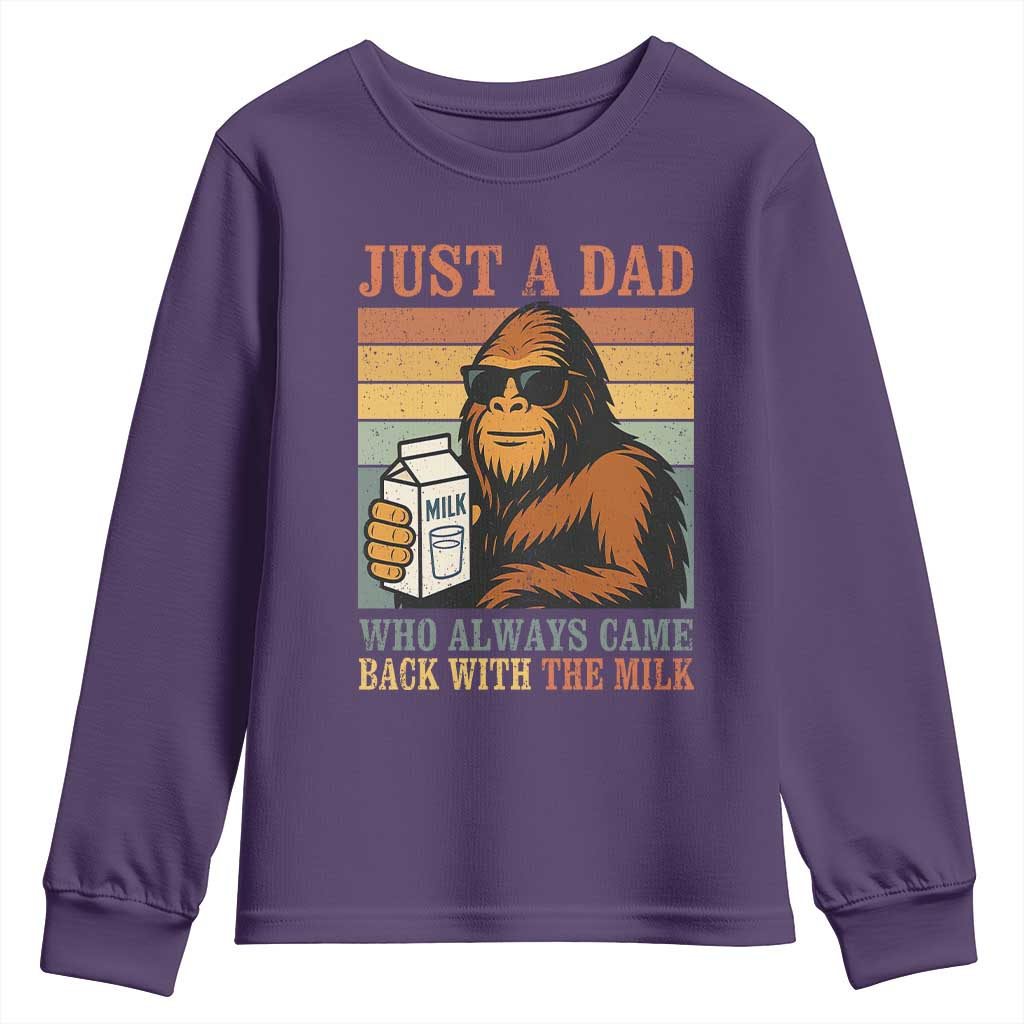 Funny Bigfoot Dad Youth Sweatshirt Just A Dad Who Always Came Back With The Milk Retro Father's Day TS02 Purple Print Your Wear