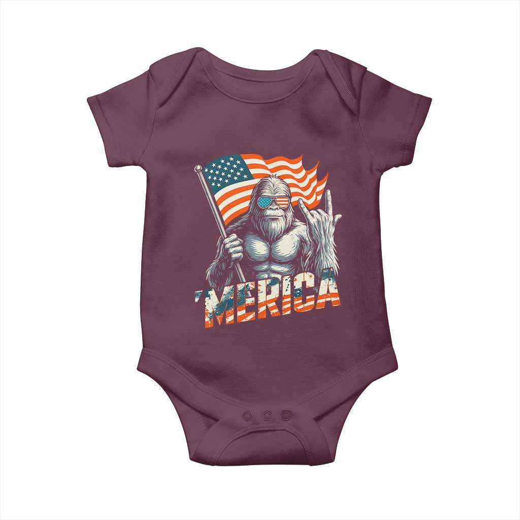 Funny Bigfoot Merica 4th Of July Baby Onesie American Flag Patriotic Sasquatch TS11 Maroon Print Your Wear