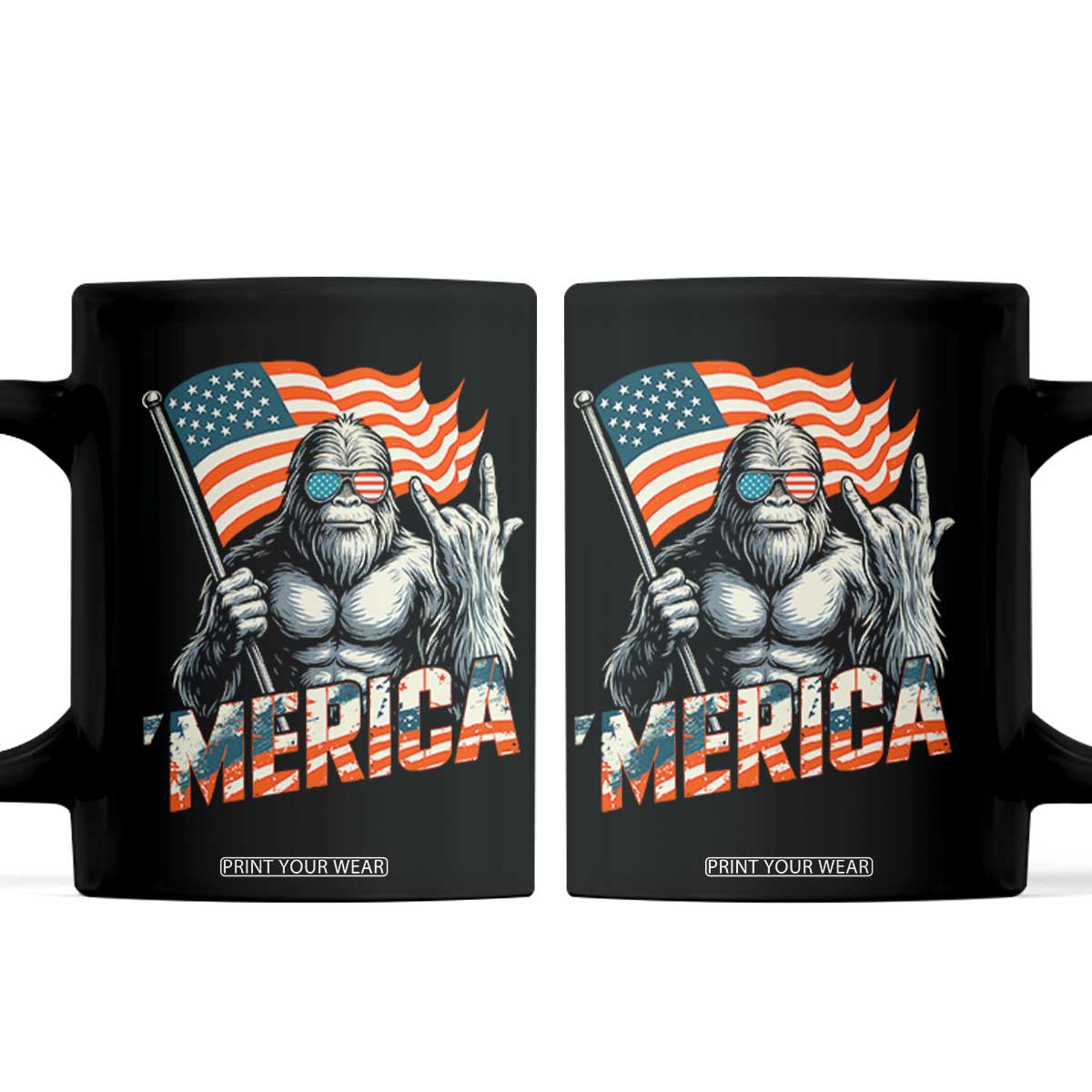 Funny Bigfoot Merica 4th Of July Coffee Mug American Flag Patriotic Sasquatch TS11 Black Print Your Wear