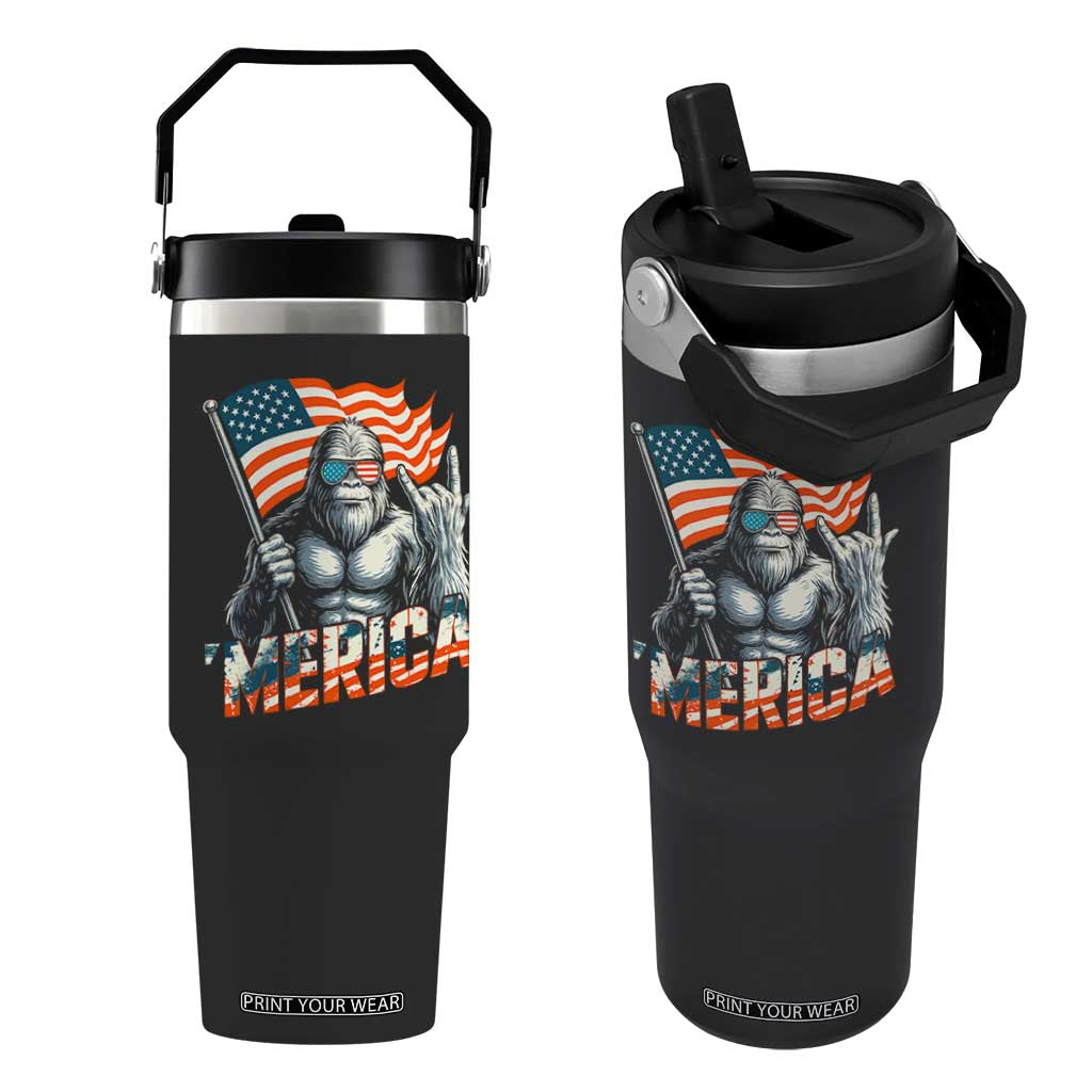 Funny Bigfoot Merica 4th Of July Flip Straw Tumbler American Flag Patriotic Sasquatch TS11 One Size: 30 oz Black Print Your Wear