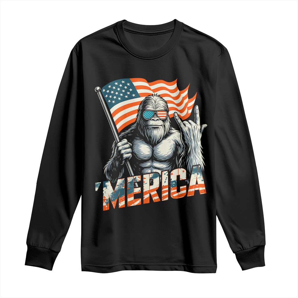 Funny Bigfoot Merica 4th Of July Long Sleeve Shirt American Flag Patriotic Sasquatch TS11 Black Print Your Wear