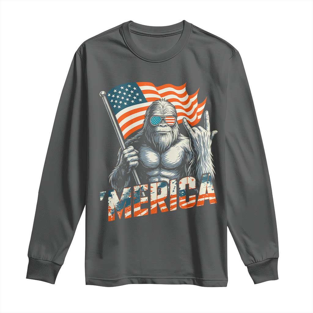 Funny Bigfoot Merica 4th Of July Long Sleeve Shirt American Flag Patriotic Sasquatch TS11 Dark Heather Print Your Wear