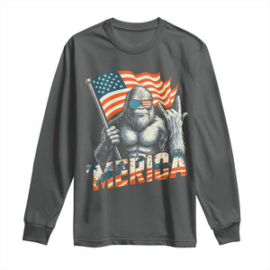 Funny Bigfoot Merica 4th Of July Long Sleeve Shirt American Flag Patriotic Sasquatch TS11 Dark Heather Print Your Wear
