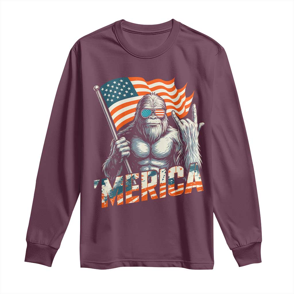 Funny Bigfoot Merica 4th Of July Long Sleeve Shirt American Flag Patriotic Sasquatch TS11 Maroon Print Your Wear