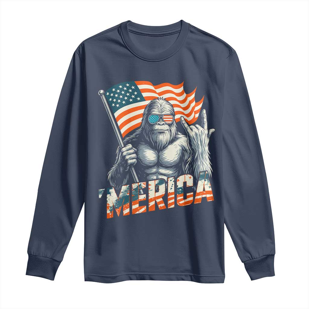 Funny Bigfoot Merica 4th Of July Long Sleeve Shirt American Flag Patriotic Sasquatch TS11 Navy Print Your Wear