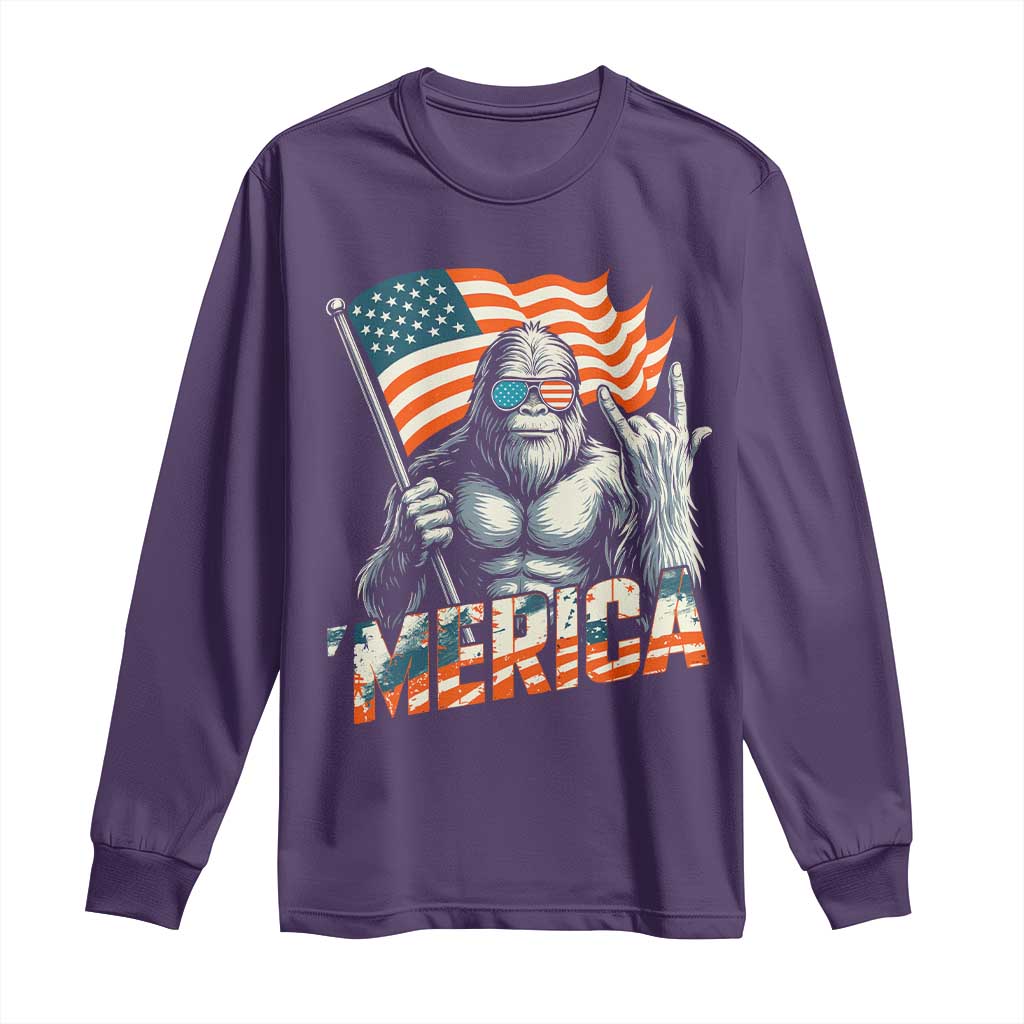 Funny Bigfoot Merica 4th Of July Long Sleeve Shirt American Flag Patriotic Sasquatch TS11 Purple Print Your Wear