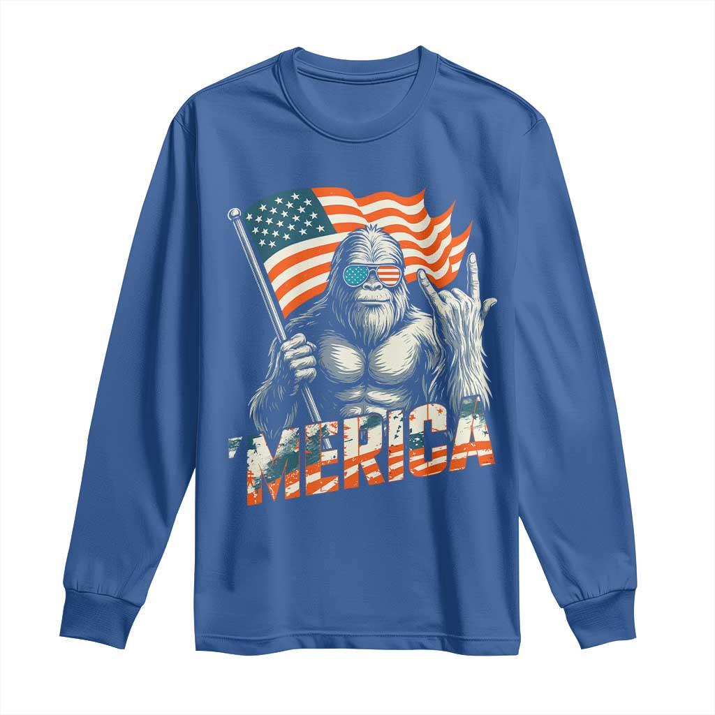 Funny Bigfoot Merica 4th Of July Long Sleeve Shirt American Flag Patriotic Sasquatch TS11 Royal Blue Print Your Wear