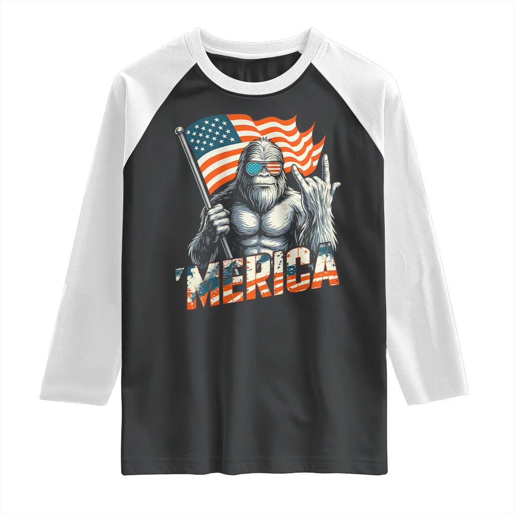 Funny Bigfoot Merica 4th Of July Raglan Shirt American Flag Patriotic Sasquatch TS11 Black White Print Your Wear