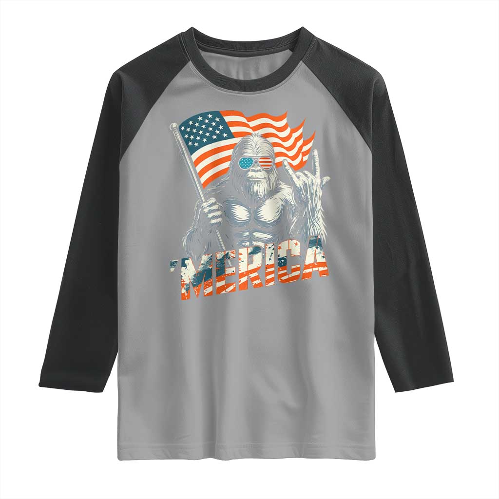 Funny Bigfoot Merica 4th Of July Raglan Shirt American Flag Patriotic Sasquatch TS11 Sport Gray Black Print Your Wear