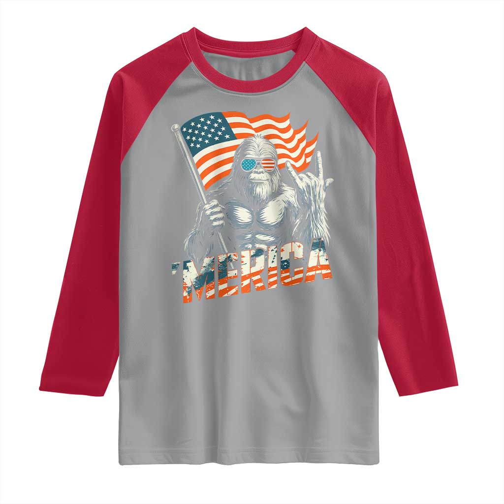 Funny Bigfoot Merica 4th Of July Raglan Shirt American Flag Patriotic Sasquatch TS11 Sport Gray Red Print Your Wear
