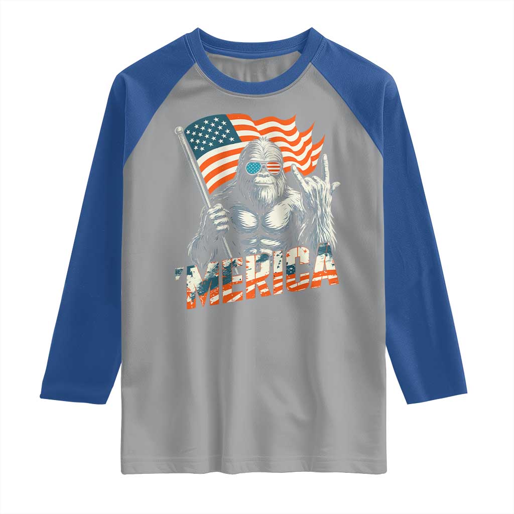 Funny Bigfoot Merica 4th Of July Raglan Shirt American Flag Patriotic Sasquatch TS11 Sport Gray Royal Print Your Wear